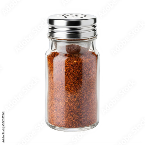 Glass spice bottle filled with red chili powder isolated on transparent background