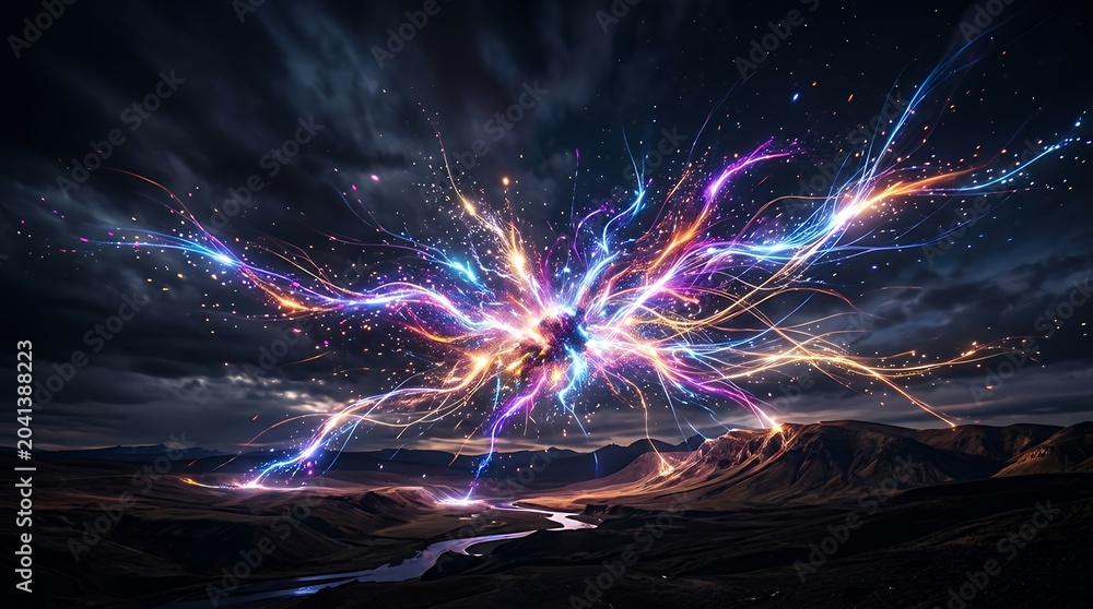 Fototapeta premium Vibrant colorful lights exploding in desert landscape