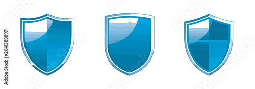 Glossy blue shield icons set representing security protection and digital safety concepts