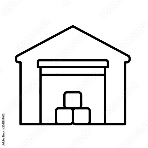 A simple line drawing icon of a warehouse with boxes inside