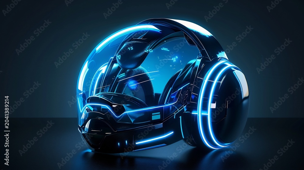Fototapeta premium Futuristic headset design concept with vibrant neon blue illumination accents and sleek contours