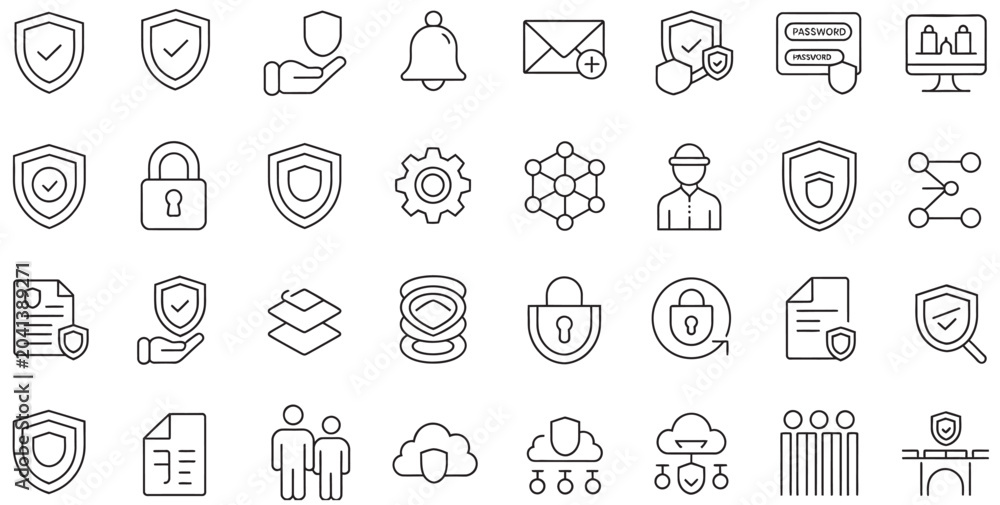 Naklejka premium Extensive set of cybersecurity and data protection line icons for digital systems