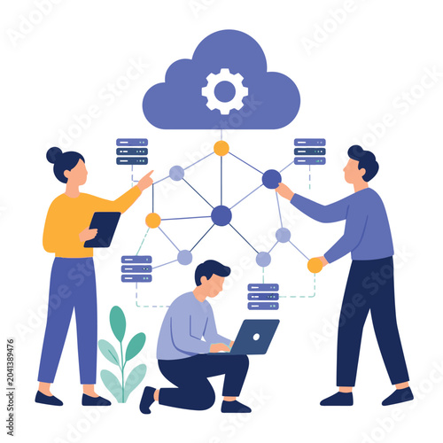 Team collaborating on cloud data network illustration.