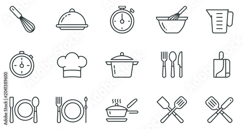 Collection of kitchen and cooking line icons for restaurant menu or culinary design