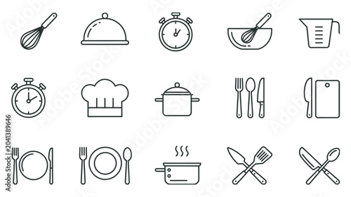Minimalist kitchen and cooking line icons set for restaurant menu or culinary apps