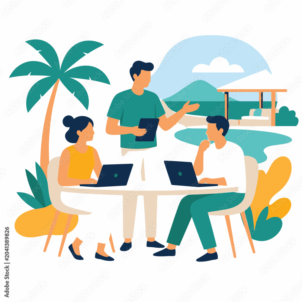 Obraz premium Team collaboration at tropical coworking desk with laptops.