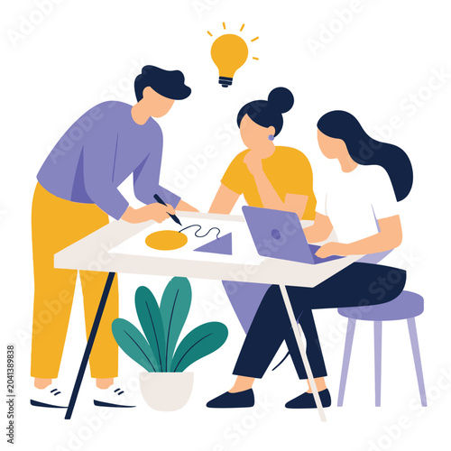 Team collaboration at desk with creative idea lightbulb.