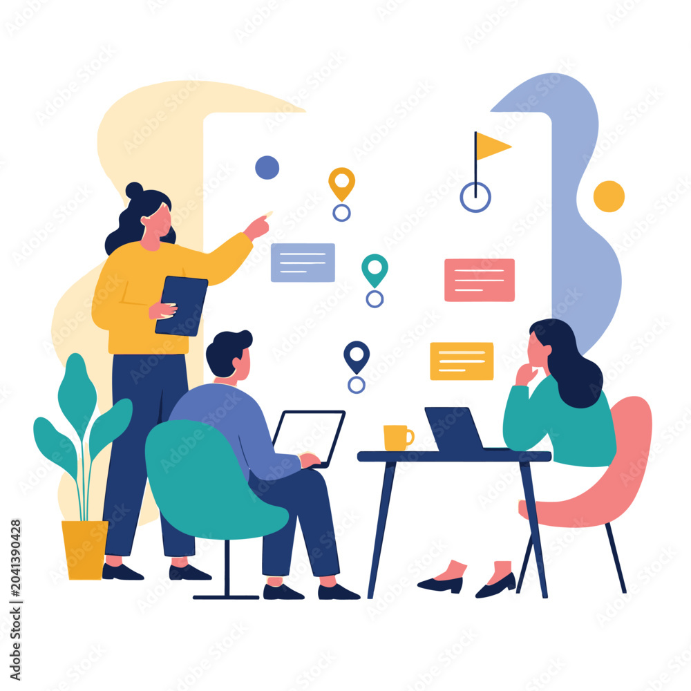 Fototapeta premium Team of professionals collaborating on digital strategy illustration.