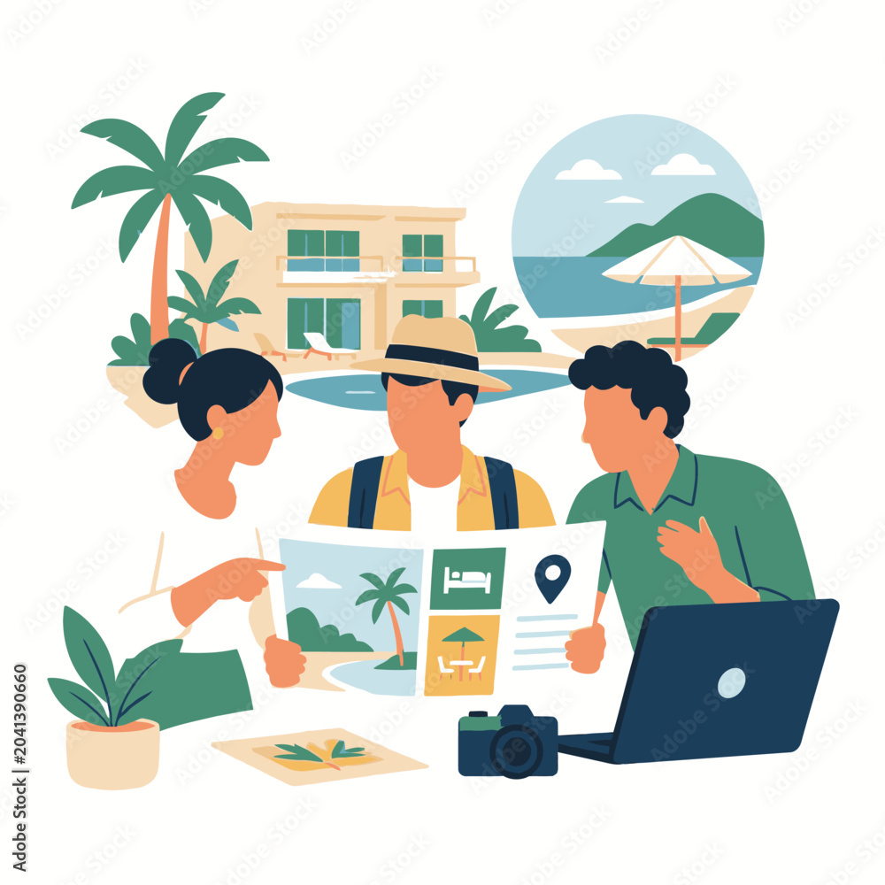 Fototapeta premium Team planning a vacation with laptop and map.