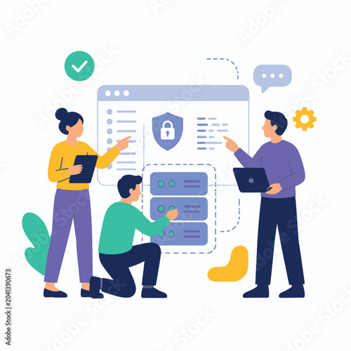 Tableau sur toile Team using laptop for secure login and data protection illustration