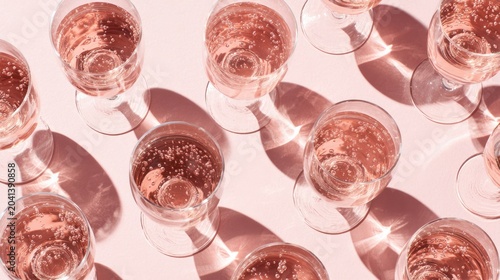 champagne. A refreshing summer rose drink with floating bubbles, set against a soft pink backdrop. bar promotions, beverage menus, designed for product packaging and bar promotions.