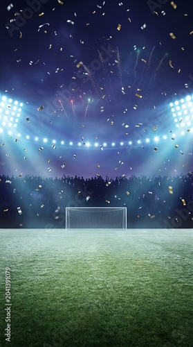 Empty soccer stadium pitch with celebratory confetti and floodlights