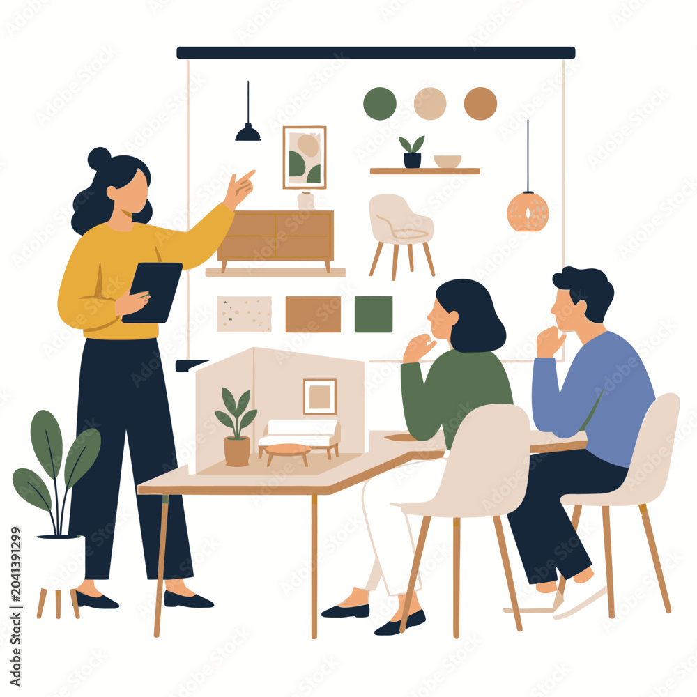 Fototapeta premium Workplace team meeting with collaborative learning presentation illustration.