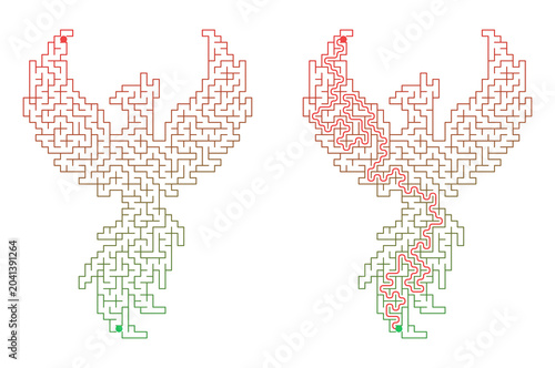 Phoenix shaped maze for kids activity with solution puzzle
