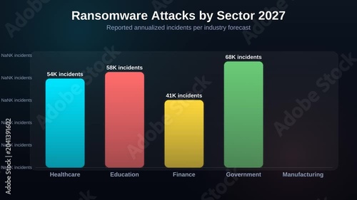 Animated bar chart showing ransomware attacks by sector 2027 forecasting reported annualized incidents per industry