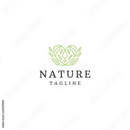 Nature leaf love line art logo design template