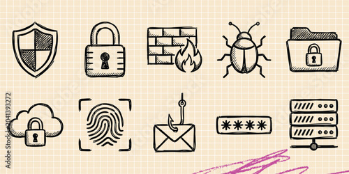Black ink scribble doodle vector vintage hand drawn set of security padlock privacy safe lock cyber protection and guard defense
