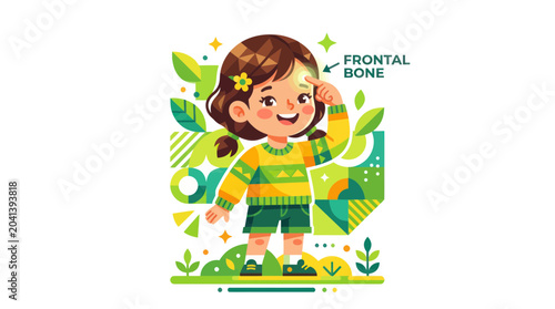 Bilde på lerret Happy Kid Points to Frontal Bone, Educational Illustration