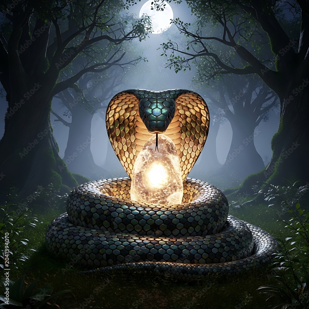 Fototapeta premium Mystical cobra with glowing orb in forest at night fantasy concept