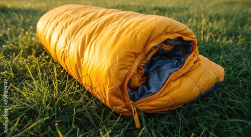 Yellow Sleeping Bag Rolled Up on Green Grass.