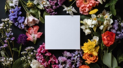 Blank square white paper card placed in center of diverse floral arrangement with colorful flowers including zinnias and snapdragons over black background for elegant design mockup.