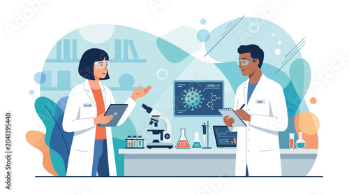 Scientists collaborate in laboratory with virus illustration and equipment