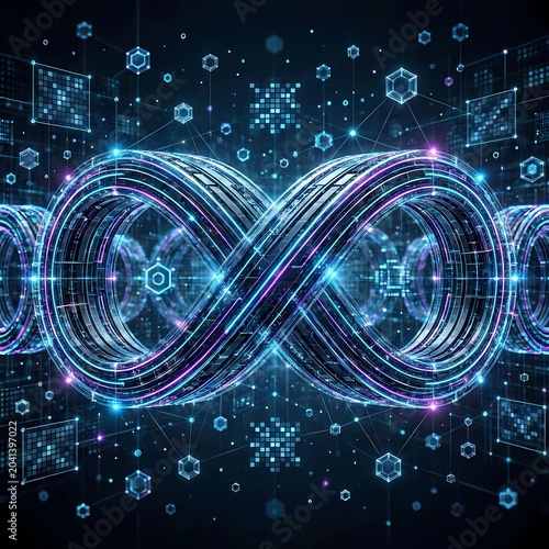 Abstract 3D illustration of an infinite Mobius strip made of glowing digital network tracks,