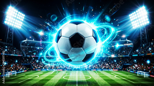 Dynamic soccer ball floating in center of stadium field with swirling blue energy light effects and bright stadium illumination for ultimate championship sports background.