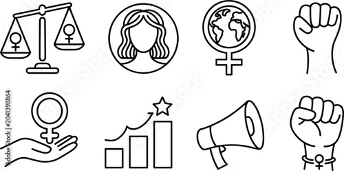 Foto Feminism and women empowerment line icon set featuring gender equality scales an