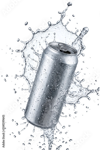 Fotografía Blank silver aluminum beverage can surrounded by dynamic water splash