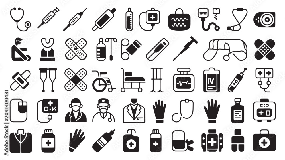 Naklejka premium Medical icons set with 50 black vector symbols, healthcare equipment and hospital supplies, professional clinic and first aid silhouettes