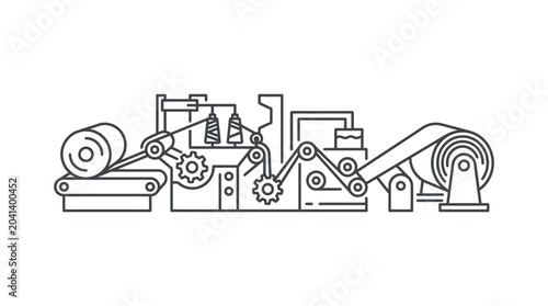 Industrial paper mill machine with rollers line art illustration.