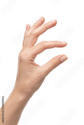 Woman hand showing small size gesture with fingers
