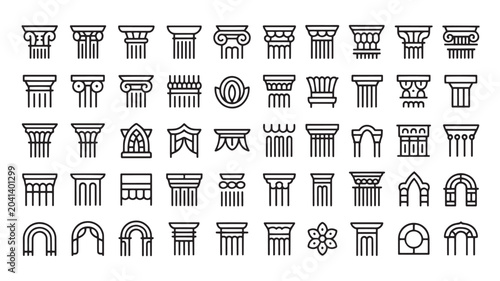 Classical architecture column capitals and pillars set, 50 line icons of greek and roman architectural elements, antique building ornaments vector
