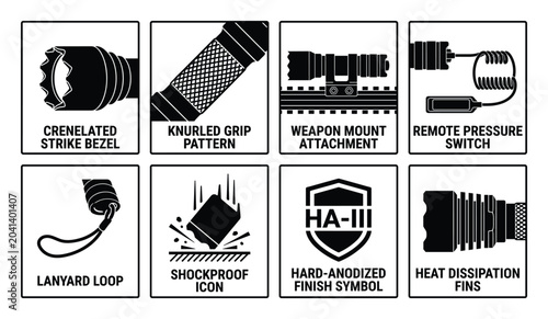 Tactical flashlight features icons like strike bezel, grip, mount, switch, lanyard, shockproof and fins.