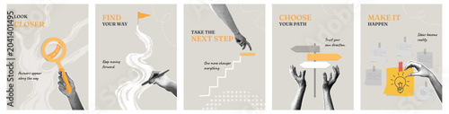 Fotografie A collection of motivational posters featuring hands drawing paths and icons