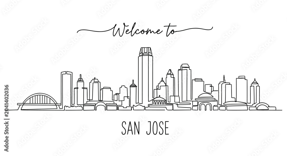 Obraz premium San Jose Skyline Art: Minimalist Line Drawing, Welcome Sign, California
