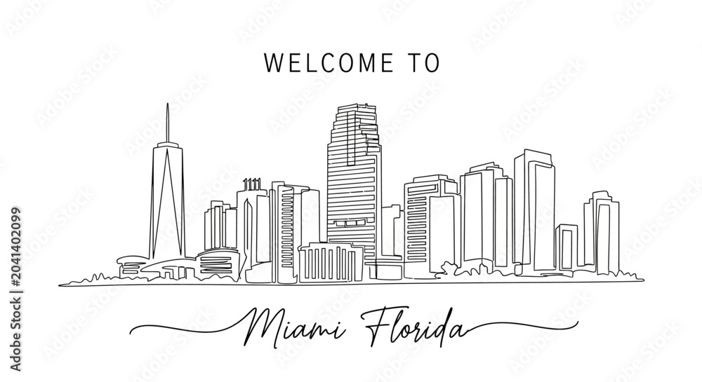 Fototapeta premium Welcome to Miami Florida Skyline Line Art - Modern Cityscape Art