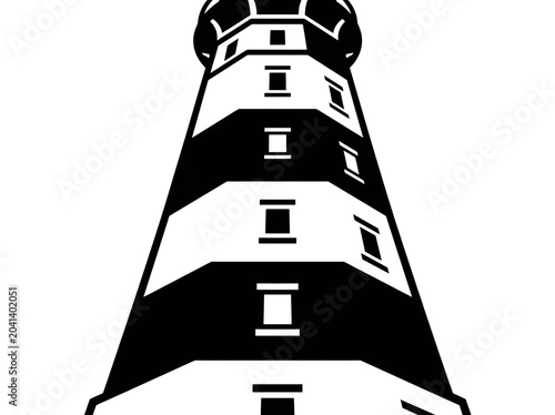 Black and white lighthouse tower standing tall against clear sky in minimalist monochrome style