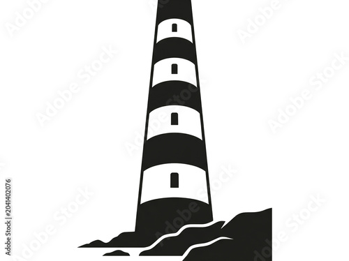 Iconic black and white striped lighthouse standing tall on rocky coastline in minimalist style