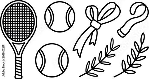 Fotografie Tennis sport equipment line icon set featuring racket balls laurel wreath and de