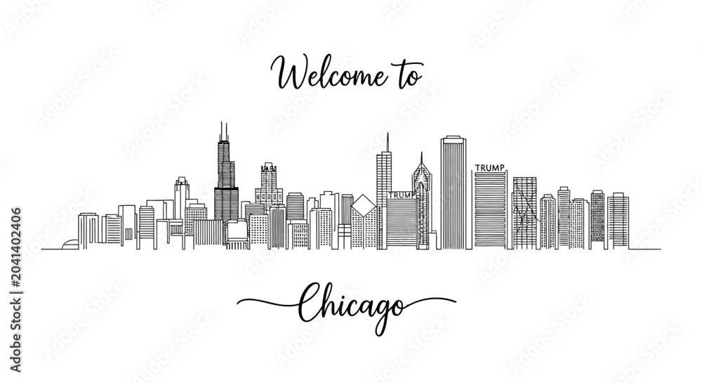 Obraz premium Welcome to Chicago Skyline Silhouette - Hand Drawn Cityscape Art