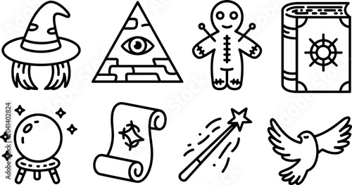 Tableau sur toile Witchcraft magic occult line icon set featuring witch hat voodoo doll and crysta