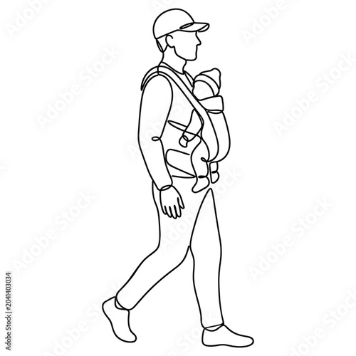Father carrying baby in front carrier one line drawing