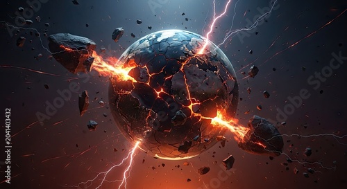Dramatic depiction of a planet shattered with intense energy and debris