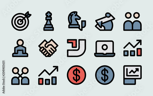 Collection of business organization charts diagrams and financial growth icons
