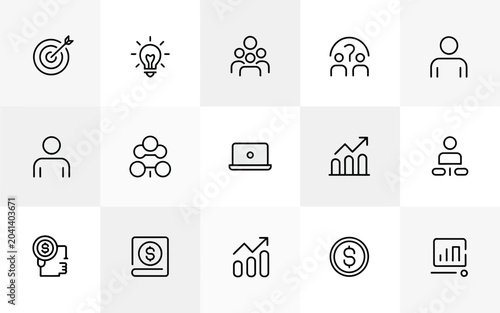 A set of twelve minimalist black and white icons featuring business strategy and financial growth concepts.