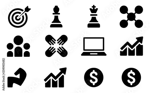 A set of twelve minimalist black icons featuring business strategy and financial growth concepts.