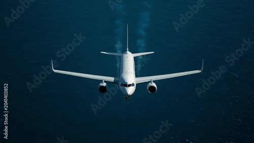 Passenger airplane flying over deep blue ocean water during a sunny day capturing smooth motion and aviation travel video footage