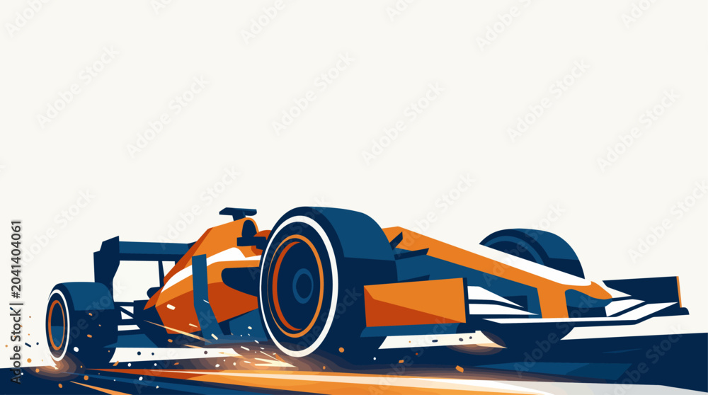Fototapeta premium Dynamic illustration of a sleek orange and blue Formula 1 race car speeding on a track with motion blur effects.